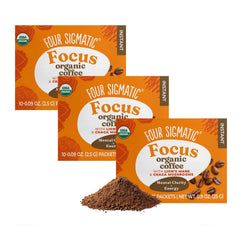 Four Sigmatic front packaging showing three-pack and 30 packets benefit of supply