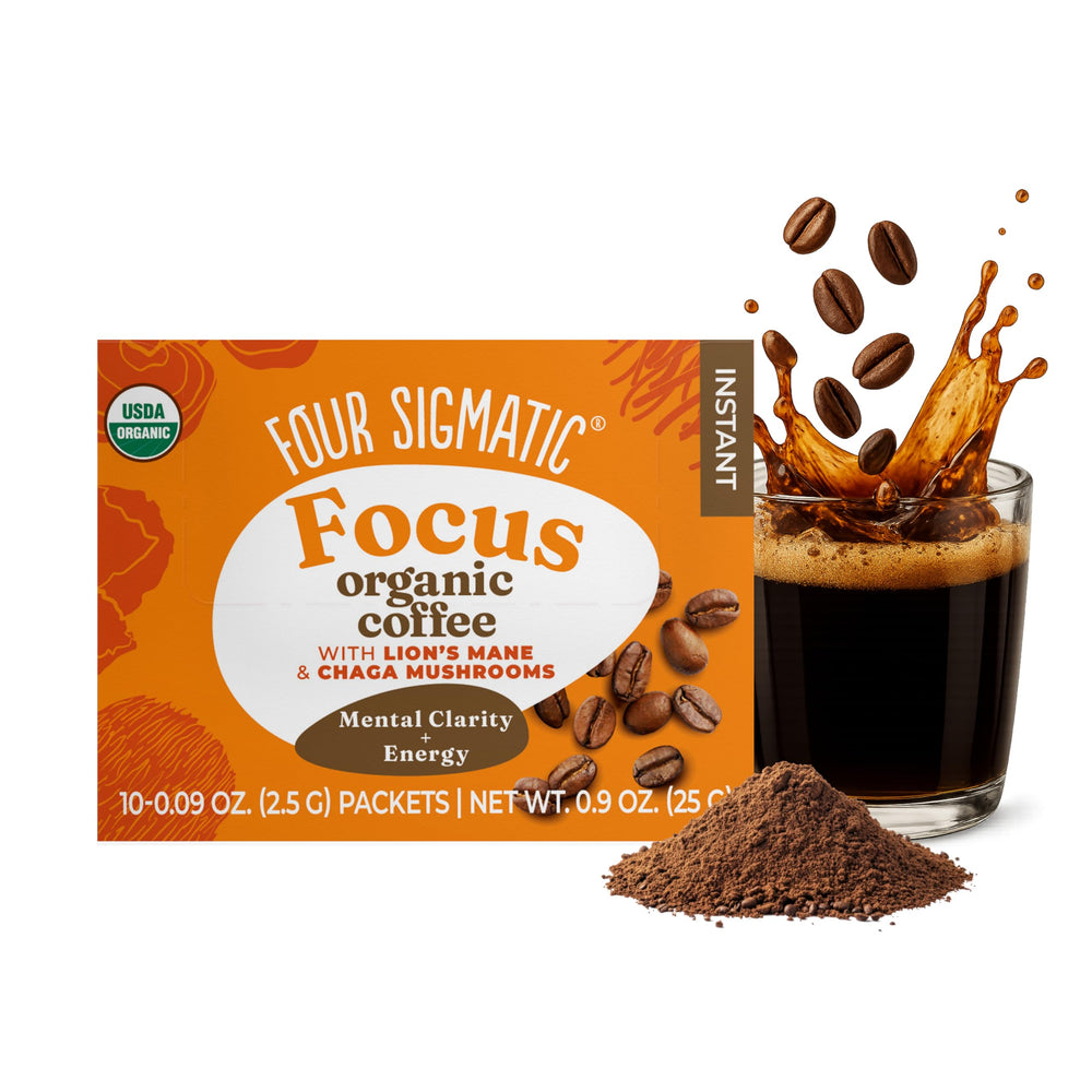 Four Sigmatic front packaging showing 10 packets and nutritional callouts for convenience