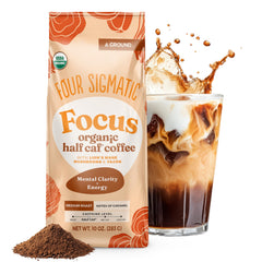 Four Sigmatic front packaging showing the 10 oz bag and organic labeling for informed purchases