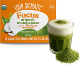 Four Sigmatic front packaging showing matcha latte sticks and benefits
