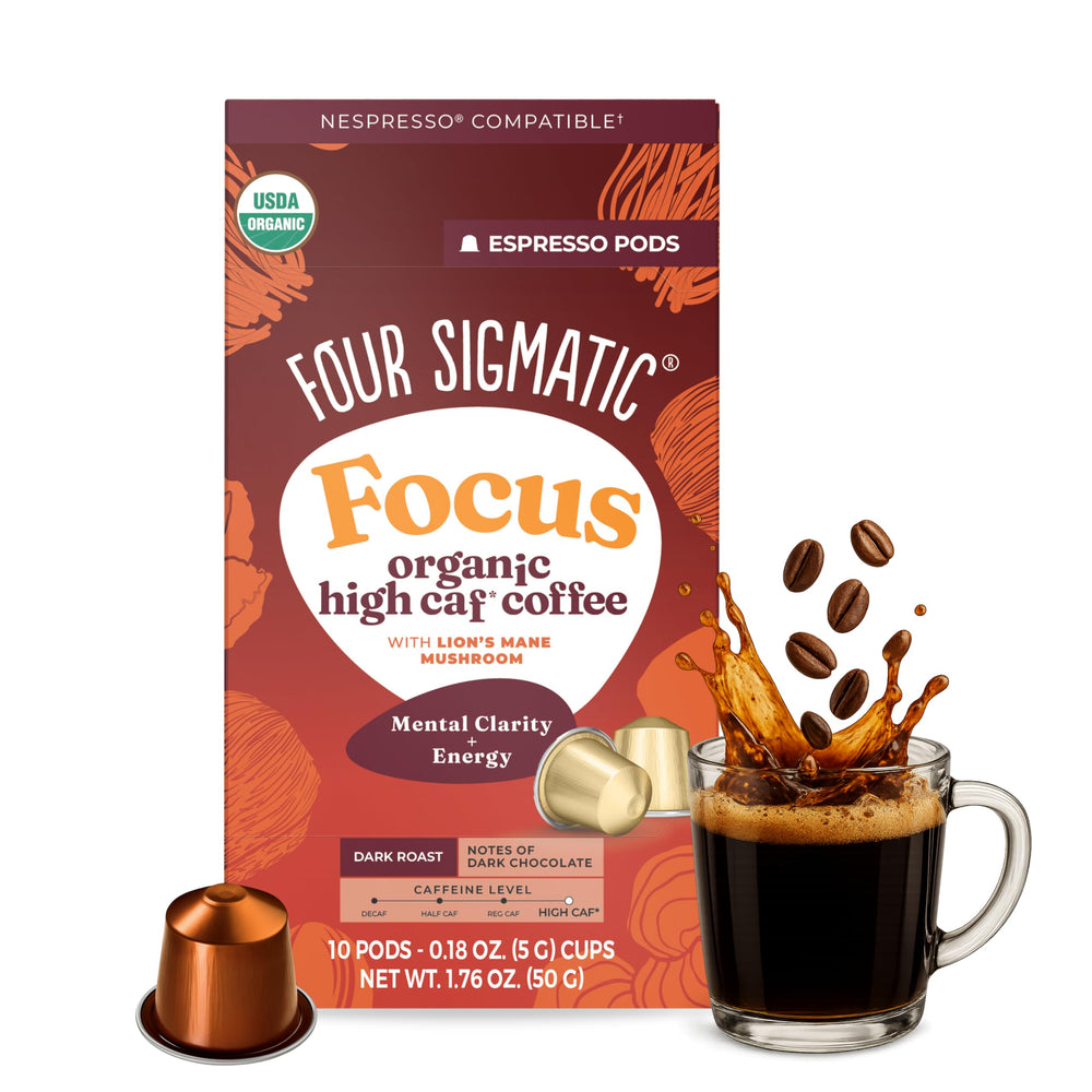 Four Sigmatic front packaging showing pods and benefits for focused energy
