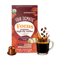 Four Sigmatic front packaging showing pods and benefits for focused energy