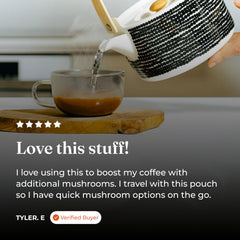 Four Sigmatic sachet beside coffee and smoothie to show versatile use
