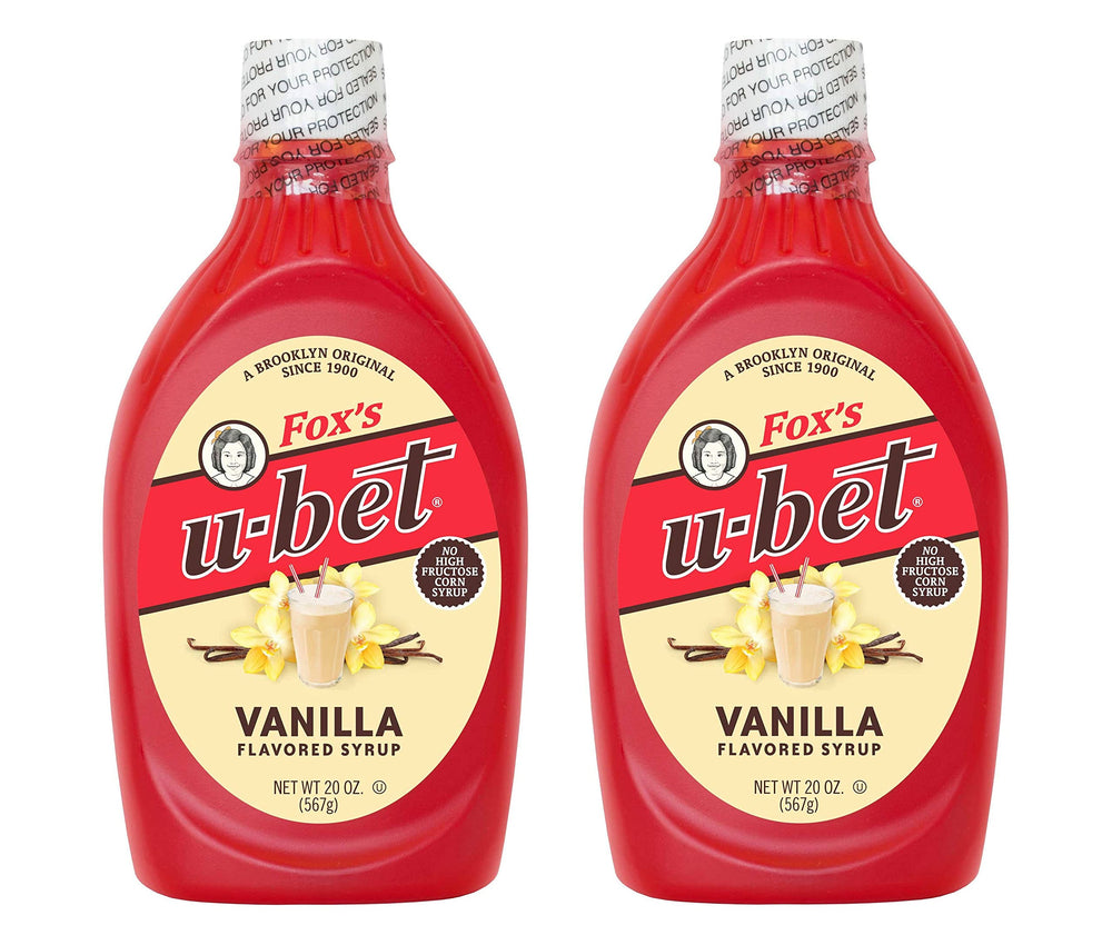 FOX'S U-BET front label on 20 oz bottle showing product identity and trust