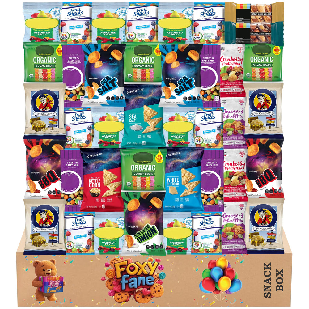 Foxy Fane front packaging displaying 40-count snack box and contents for gifting