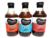 Franklin Barbecue three-bottle front pack showing all flavors and convenience