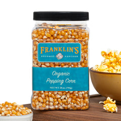 Franklin's Gourmet front tub showing 28oz organic popcorn packaging and freshness