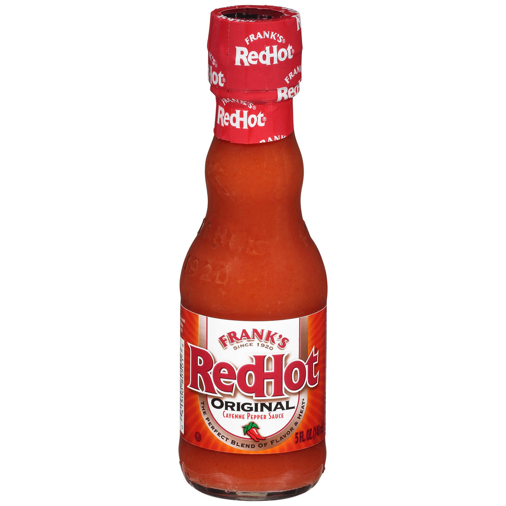 Frank's RedHot front packaging showing brand and 5 fl oz bottle, adds bold flavor