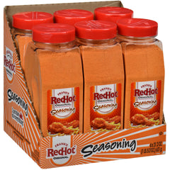 Frank's RedHot front packaging showing six 21.2 oz containers and bold branding benefit: ready bulk seasoning