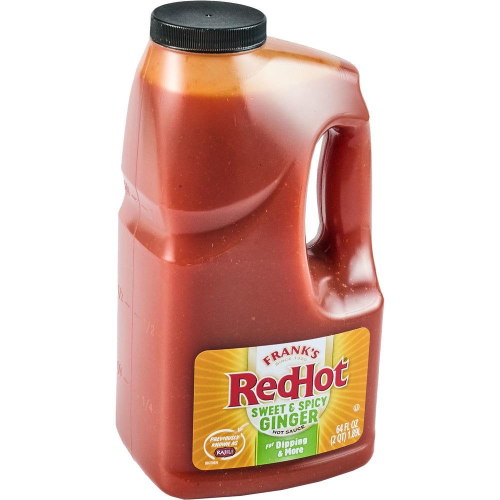 Frank's RedHot jug front label showing brand and bulk packaging benefit