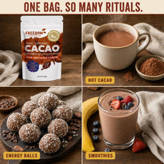 Freedom Superfoods hot chocolate in cup illustrating rich flavor and warming comfort