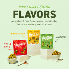 Freestyle Snacks close-up of olive texture highlighting plump Greek olives