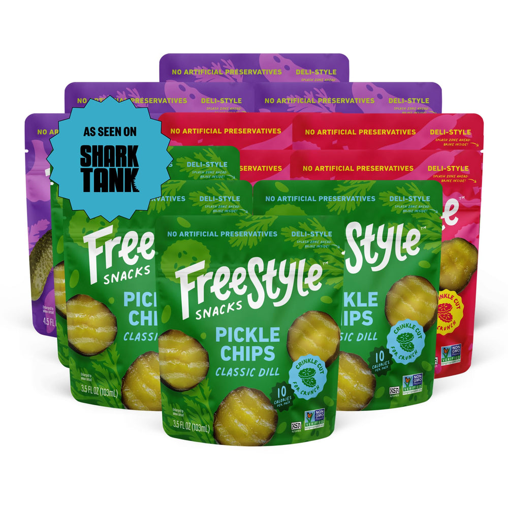 Freestyle Snacks front packaging showing 12-pack and flavor variety for convenient snacking