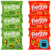 Freestyle Snacks front packaging showing six single-serve olive pouches and brand