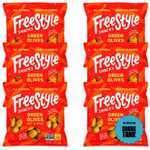 Freestyle Snacks front packaging showing six single-serve olive pouches and branding benefit portability