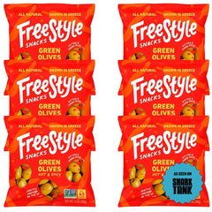 Freestyle Snacks front packaging showing six single-serve olive pouches and branding benefit portability