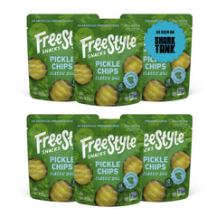 Freestyle Snacks front pouch showing classic dill branding and resealable benefit