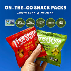 Freestyle Snacks open pouch with olives ready to eat for portability