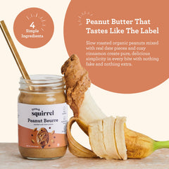 French Squirrel open jar top view reveals creamy texture and crunchy pieces, inviting spoonful
