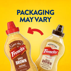 French's mustard poured to show grainy texture and robust peppery flavor