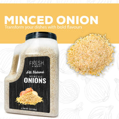 Fresh Finest close-up of minced onion flakes showing dry texture for quick rehydration