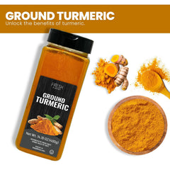 Fresh Finest close-up of fine turmeric powder texture, shows smooth blend for even mixing