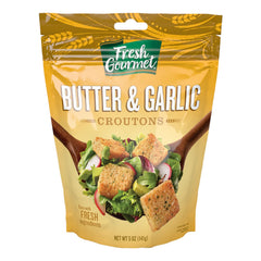 Fresh Gourmet front packaging showing butter & garlic croutons and clear pouch, highlights convenience