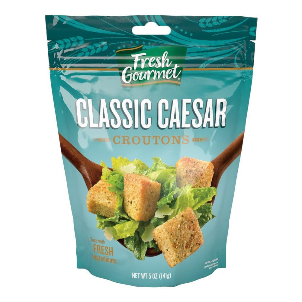 Fresh Gourmet front packaging showing Classic Caesar 5 oz bag with clear resealable feature for convenience