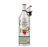 Fresh Press Farms front bottle view showing aluminum packaging and spill‑resistant spout benefit