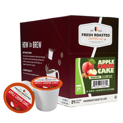 Fresh Roasted Coffee front box showing Apple Crumb Cake 24-count, seasonal flavor benefit