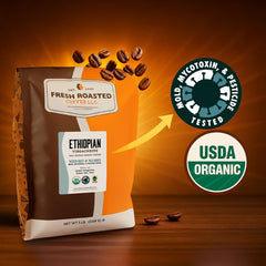 Fresh Roasted Coffee bag label highlighting USDA Organic, Fair Trade and Kosher certifications