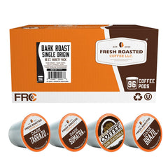 Fresh Roasted Coffee box front showing 96-count variety pack and bold branding benefit freshness