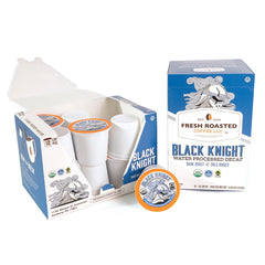 Fresh Roasted Coffee front packaging showing Black Knight pods and certifications benefits