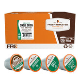 Fresh Roasted Coffee box front showing 96-count pack and organic badge benefit convenience