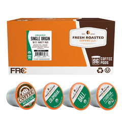 Fresh Roasted Coffee box front showing 96-count pack and organic badge benefit convenience