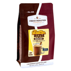Fresh Roasted Coffee front packaging showing butter rum flavor benefits