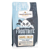 Fresh Roasted Coffee front packaging showing caramel cold brew, highlights organic benefit