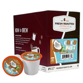 Fresh Roasted Coffee front packaging showing coconut K-Cup pods and benefits