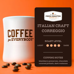 Fresh Roasted Coffee Correggio espresso shot with thick crema for intense flavor