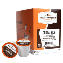 Fresh Roasted Coffee front packaging showing Costa Rica Tarrazu branding and 24 count benefit