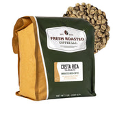 Fresh Roasted Coffee front packaging showing 5 lb bag and origin benefits