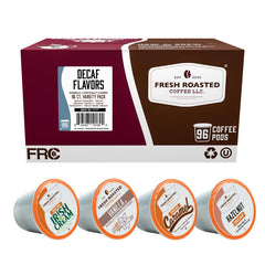 Fresh Roasted Coffee decaf 96-count box showing full packaging and variety benefit