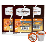 Fresh Roasted Coffee front packaging shows decaf caramel pods and benefits