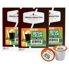 Fresh Roasted Coffee front packaging showing Irish Cream decaf and 24 count benefit