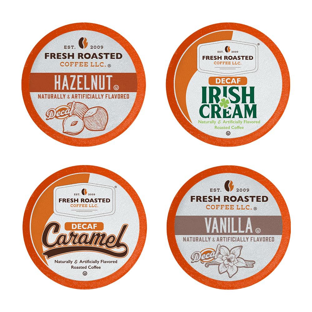 Fresh Roasted Coffee front packaging showing 24-count decaf variety, clear product benefit