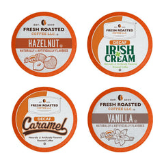 Fresh Roasted Coffee front packaging showing 24-count decaf variety, clear product benefit