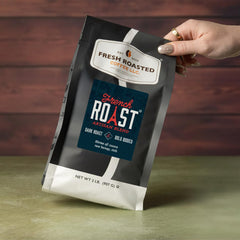 Fresh Roasted Coffee bag label detail shows kosher and origin benefits