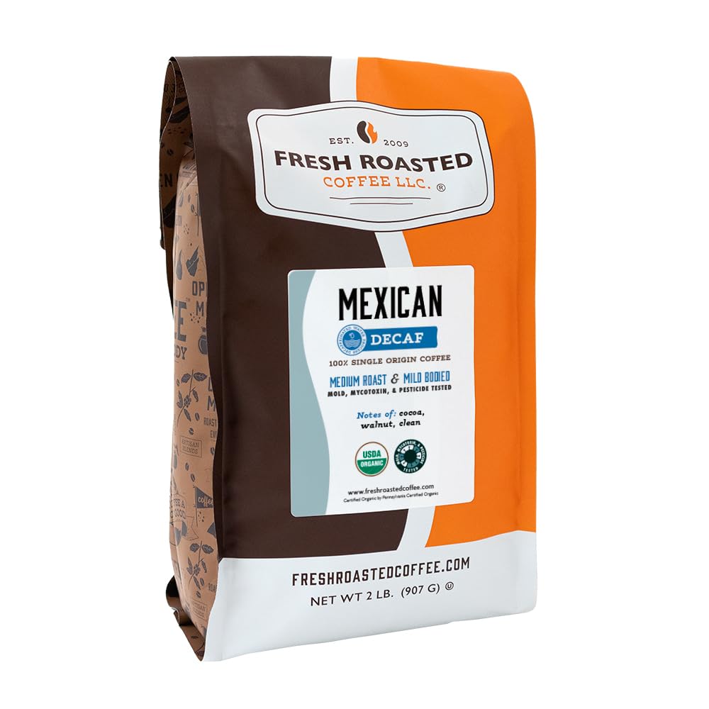 Fresh Roasted Coffee front of bag showing organic label and medium roast benefits
