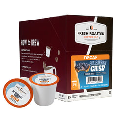 Fresh Roasted Coffee front packaging showing Decaf Blueberry Crisp and kosher badge for clear choice