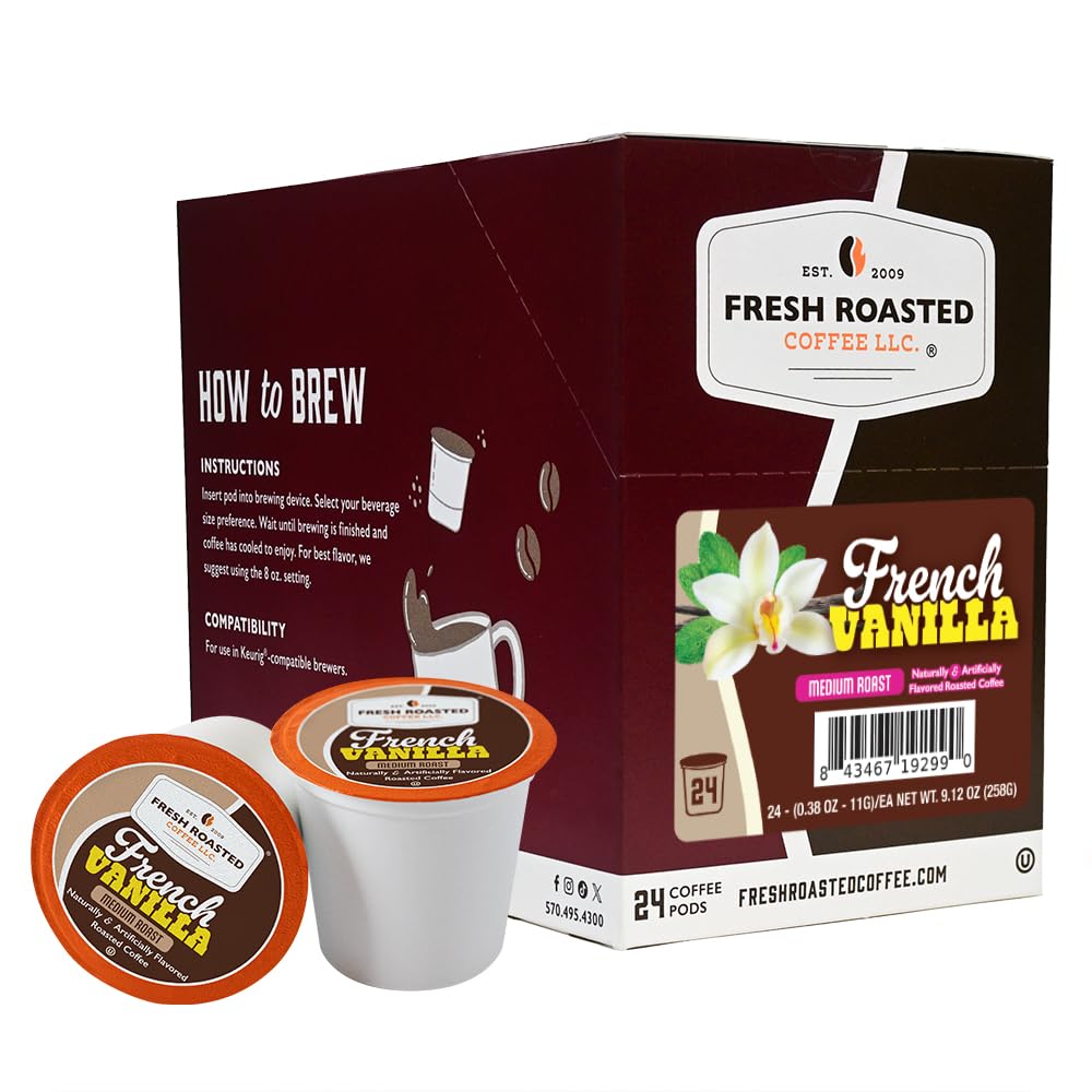 Fresh Roasted Coffee front packaging showing French Vanilla pods and benefits